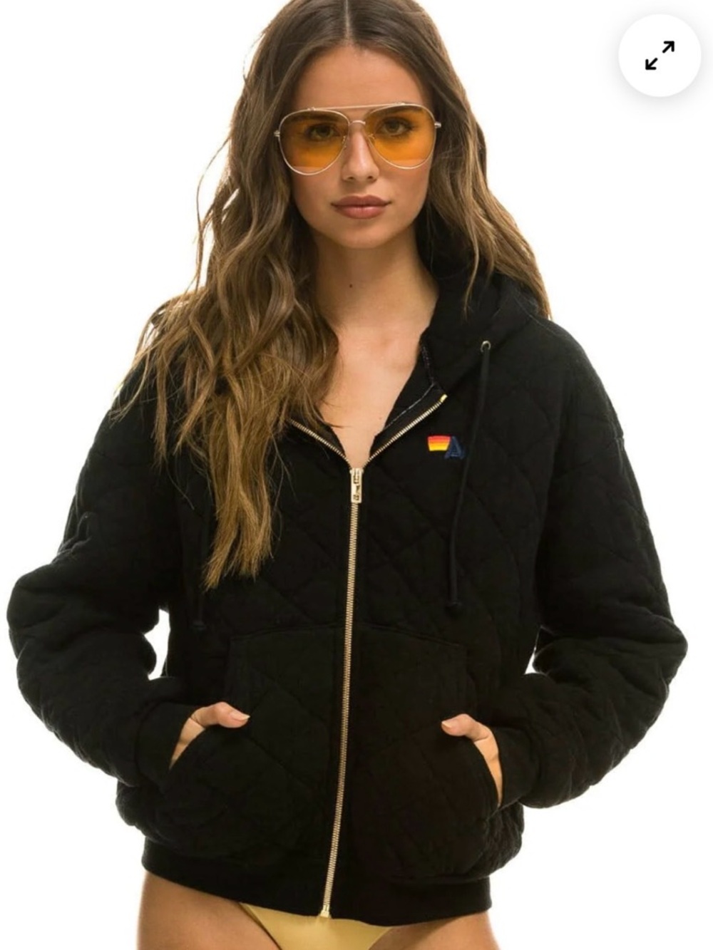 Aviator Nation Black Quilted Hooded Puffer Hoodie with Flag Logo